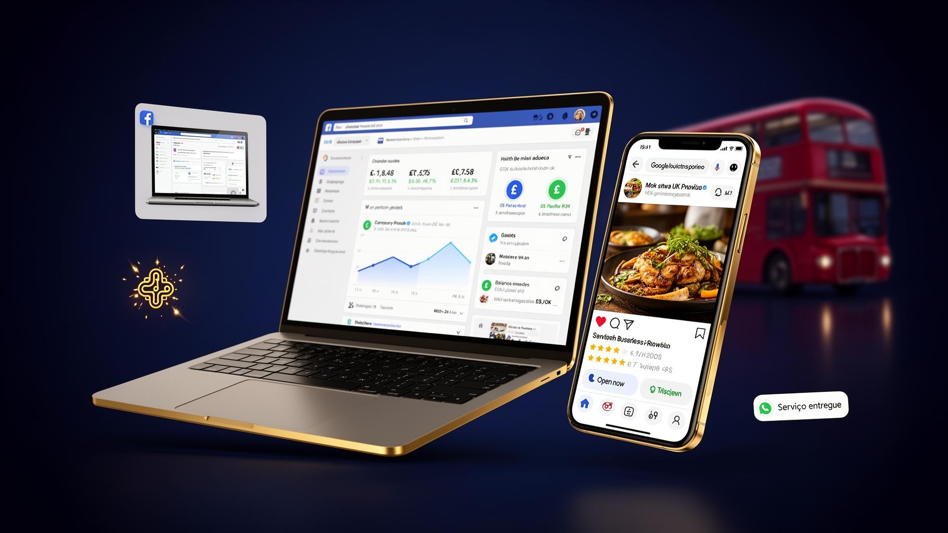 Dashboard de marketing digital com gráficos e libra esterlina, com skyline de Londres ao fundo